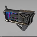 Futuristic Sci Fi Weapon With Metallic Design Purple Blue Accents Circular Components And Support Stand