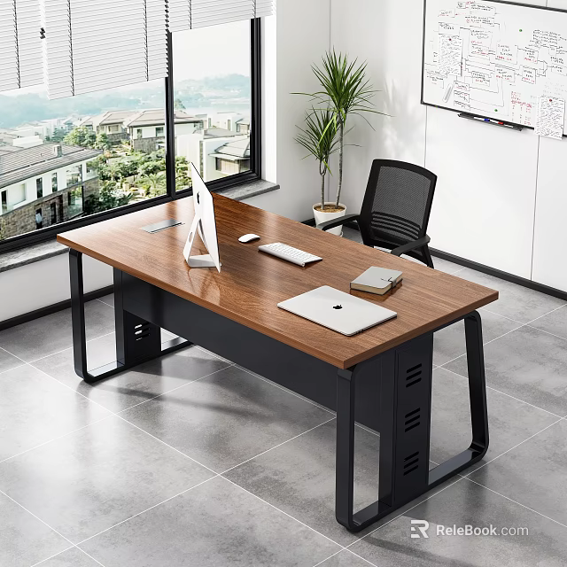 Modern Office Desk With Wooden Top Black Metal Frame Computer Monitor Laptop And Black Chair 3d model 