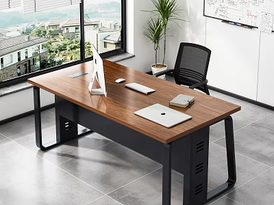 Modern Office Desk With Wooden Top Black Metal Frame Computer Monitor Laptop And Black Chair 3d model