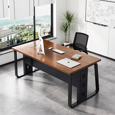 Modern Office Desk With Wooden Top Black Metal Frame Computer Monitor Laptop And Black Chair 3d model