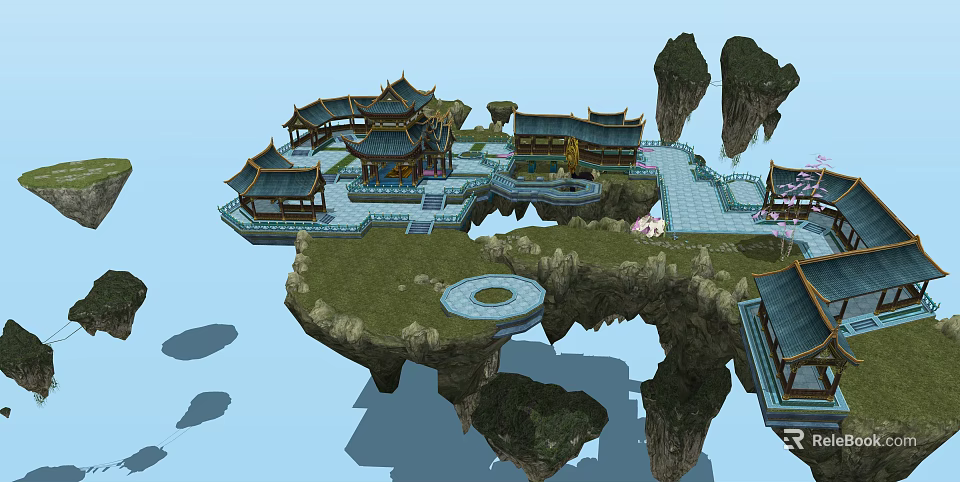Traditional Chinese Ancient Architecture On Floating Platform With Rock Formations Green Lawn And Circular Ponds 3d model 