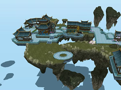 Traditional Chinese Ancient Architecture On Floating Platform With Rock Formations Green Lawn And Circular Ponds 3d model