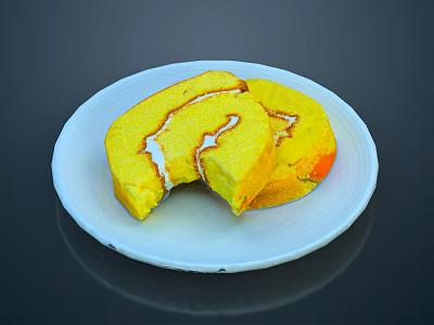 Fresh Yellow Cake Roll Slices With Cream Filling On White Plate 3d model
