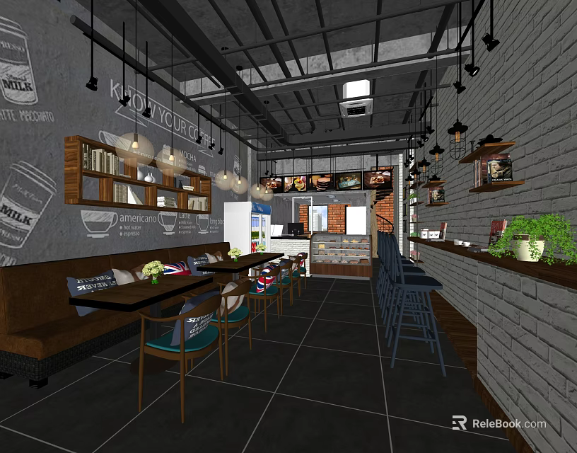Modern Bubble Tea Shop Interior Design With Open Counter Comfortable Seats And Green Plant Decorations 3d model 