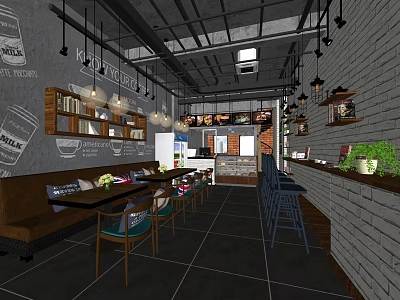 Modern Bubble Tea Shop Interior Design With Open Counter Comfortable Seats And Green Plant Decorations 3d model
