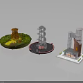Different Industrial Facility Models With Red Brick Metal Frame And Green Base Designs