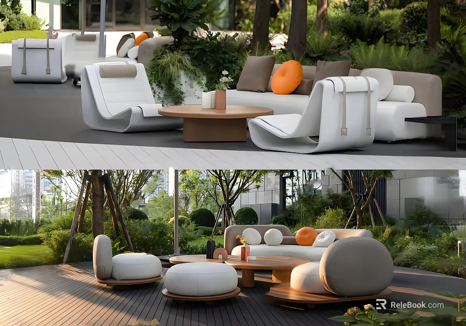 Outdoor Sofa Set With White Cushions Orange Pillows And Wooden Coffee Table In Garden 3d model 