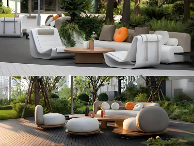 Outdoor Sofa Set With White Cushions Orange Pillows And Wooden Coffee Table In Garden 3d model