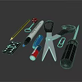 Collection of Various Stationery Tools Including Scissors Dominoes Pencil Dice Marker Lighter Paperclip and Screwdriver