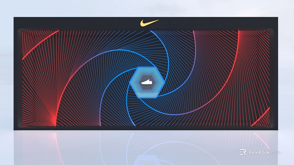 Nike Window Display With Red Blue Spiral Lines And Hexagon Arrow Logo Design 3d model 