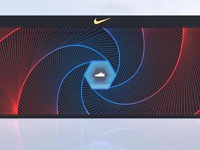 Nike Window Display With Red Blue Spiral Lines And Hexagon Arrow Logo Design 3d model
