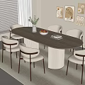 Modern Oval Wooden Dining Table Set With Six Upholstered Chairs Vase Fruits And Wall Art