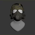 Military Weapon Related Protective Gas Mask And Helmet Displayed On Mannequin