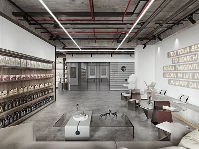 Modern Shopping Mall Store Interior With Shelves Display Sofas Coffee Tables And Wall Slogan 3d model