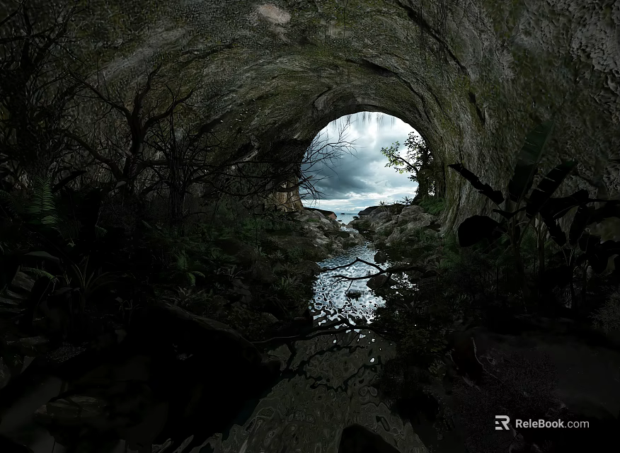 Natural Cave Entrance View with Flowing Stream and Overcast Sky like Lush Vegetation and Rocks 3d model 