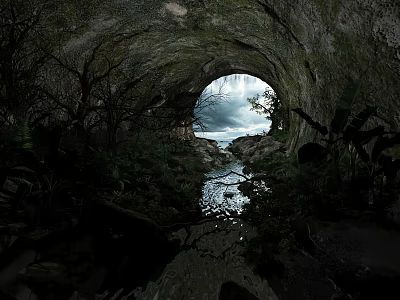 Natural Cave Entrance View with Flowing Stream and Overcast Sky like Lush Vegetation and Rocks 3d model