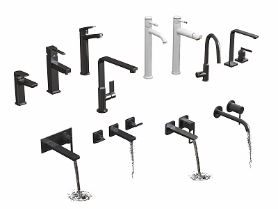 Collection of Various Black and White Faucet Styles With Water Flowing 3d model