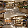 Modern Bar Interior Design with Large Windows Green View Wooden Furniture Potted Plants Cozy Seating