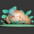 Lush Green Scenic View With Grass Leaves Blue Flower And Cute Cartoon Figure