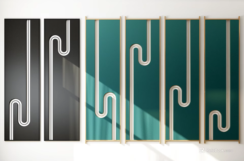 Modern Room Dividers With Black Green Panels White Curved Patterns And Wooden Frames 3d model 
