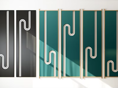 Modern Room Dividers With Black Green Panels White Curved Patterns And Wooden Frames 3d model