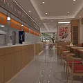 Modern Restaurant Interior With Open Kitchen Wooden Counters Red Seats And Tables