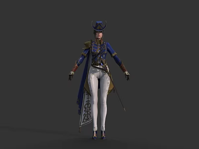 Elegant Game and Movie Character with Blue Coat White Pants Ornate Hat and Decorative Details 3d model