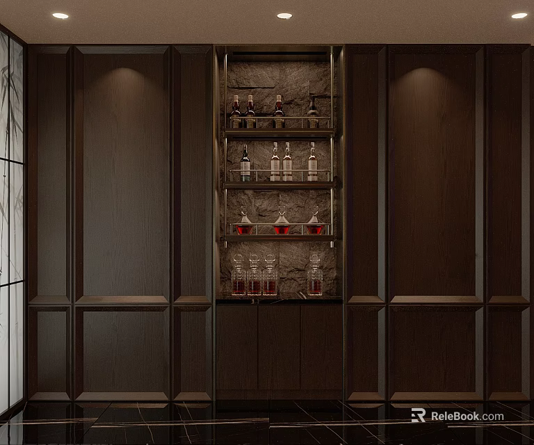 Elegant Dark Wood Wine Rack With Multi Tiered Shelves Displaying Wine Bottles And Glasses 3d model 