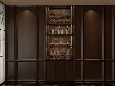 Elegant Dark Wood Wine Rack With Multi Tiered Shelves Displaying Wine Bottles And Glasses 3d model