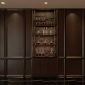 Elegant Dark Wood Wine Rack With Multi Tiered Shelves Displaying Wine Bottles And Glasses