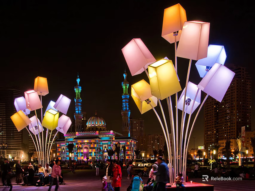 Colorful Outdoor Lights With Modern Square Shades In Nighttime Urban Area 3d model 