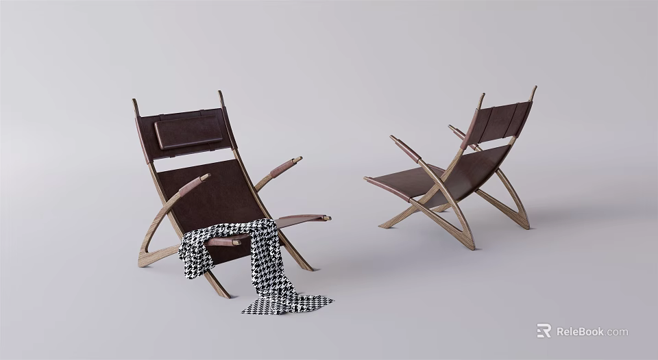 Two Brown Wooden Frame Lounge Chairs With Black And White Checkered Blanket On Gray Background 3d model 