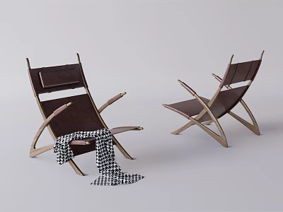 Two Brown Wooden Frame Lounge Chairs With Black And White Checkered Blanket On Gray Background 3d model