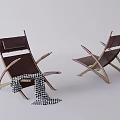 Two Brown Wooden Frame Lounge Chairs With Black And White Checkered Blanket On Gray Background