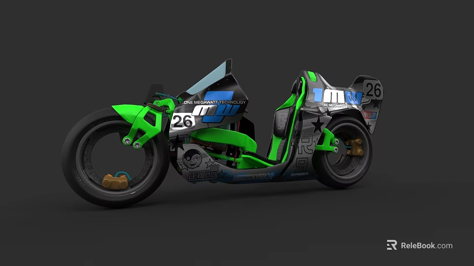Green and Black Racing Motorcycle With Aerodynamic Design And Number 26 3d model 