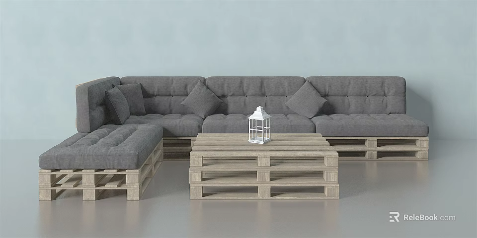 Gray Upholstered Sectional Sofa With Wooden Coffee Table And White Lantern Decor 3d model