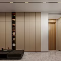 Modern Walk in Closet Design With Glass Doors Wooden Cabinets And Ambient Lighting