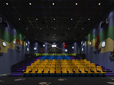Cinema Interior With Yellow And Blue Tiered Seats Superhero Murals And Ceiling Lights 3d model