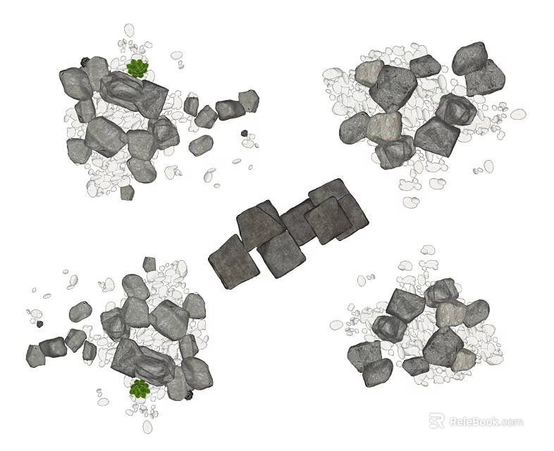 Natural Gray Stones Pile with Small Pebbles and Green Leaves Scattered 3d model 