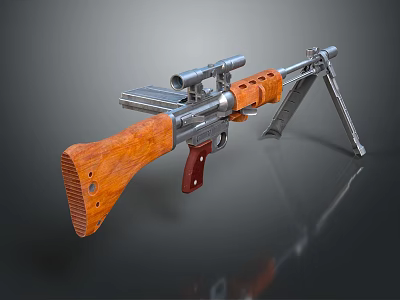 Vintage Tactical Rifle With Wooden Stock Metal Body Mounted Scope And Folding Bipod 3d model