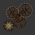 Three Brown And Yellow Rusty Interlocking Gears With Complex Structure