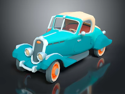 Turquoise Vintage Convertible Car with Beige Top and Orange Wheels 3d model
