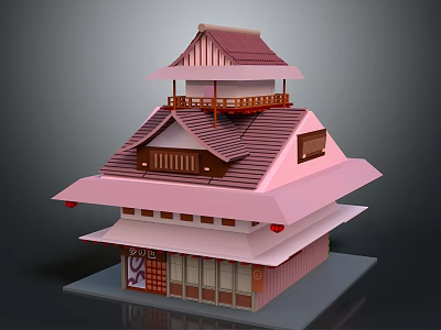 Traditional Japanese Style Multi Story Building With Pink Roof Red Lanterns And Wooden Balcony 3d model