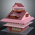 Traditional Japanese Style Multi Story Building With Pink Roof Red Lanterns And Wooden Balcony