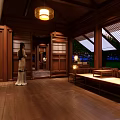Traditional Chinese Courtyard Interior With Wooden Table Stools Lantern Green Plants And Decorative Figure
