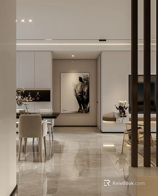 Modern Dining Living Room Interior With Dining Table Chairs Sofa And Decorative Lighting 3d model