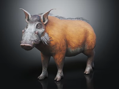 Orange Gray Boar With Large Ears Long Snout Fluffy Fur Standing On Dark Background 3d model