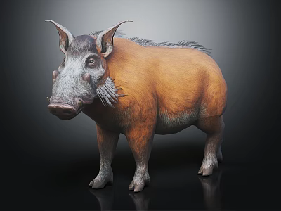 Orange Gray Boar With Large Ears Long Snout Fluffy Fur Standing On Dark Background 3d model