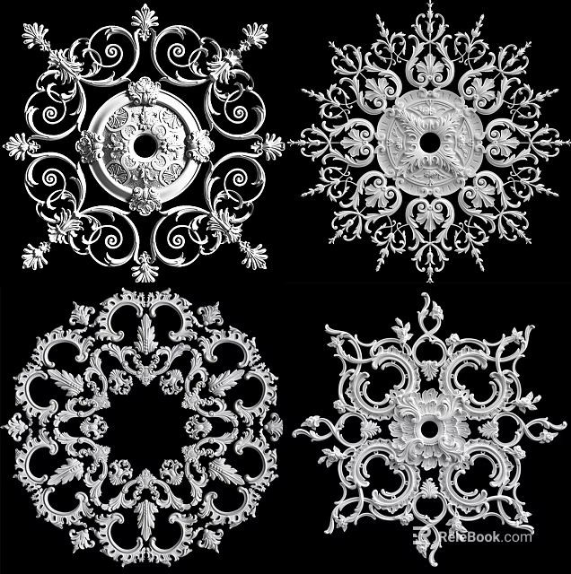 Various Ornate Ceiling Medallion Designs Featuring Intricate Circular Floral Scroll And Detailed Patterns 3d model 