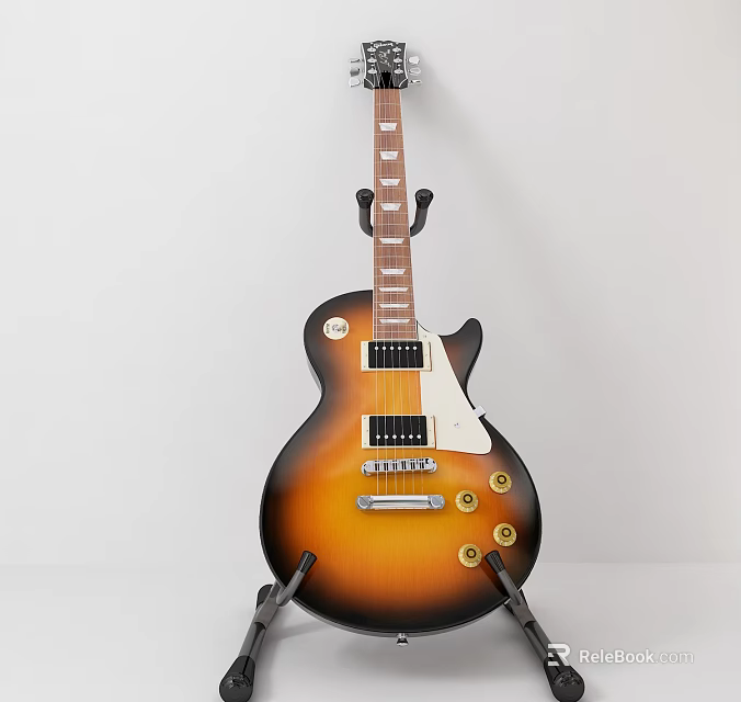 Vintage Sunburst Electric Guitar With White Pickguard And Gold Knobs On Stand 3d model 